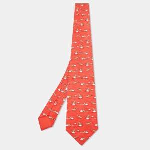 Hermès Orange Raccoon Print Silk Classic Tie