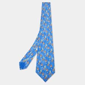 Hermès Blue Beavers Print Silk Classic Tie