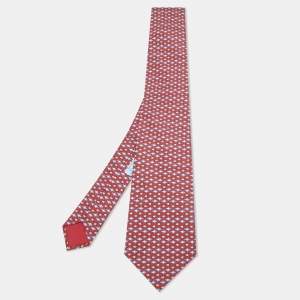 Pre Owned Hermès Red Printed Fish Silk Classic Tie
