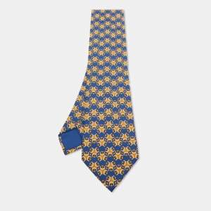 Hermes Dark Blue Horseshoe Print Silk Tie