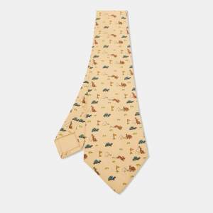 Hermes Beige Turtle & Hare Race Print Silk Tie