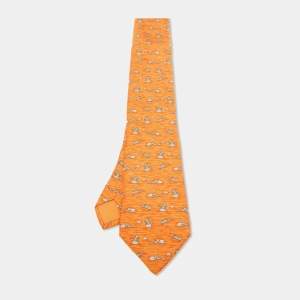 Hermes Orange Raccoon Print Silk Tie