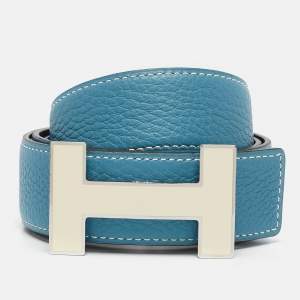 Hermes Bleu Jean/Noir Togo and Box Leather Enamel Quizz H Buckle Reversible Belt 90 CM