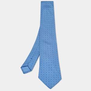 Hermes Blue Geometric Print Silk Tie 