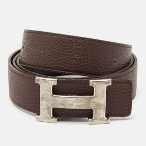 Hermes Black/Chocolat Box and Togo Leather H Buckle Reversible Belt 105CM