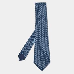 Hermès Navy Blue Equestrian Reigns Printed Silk Tie