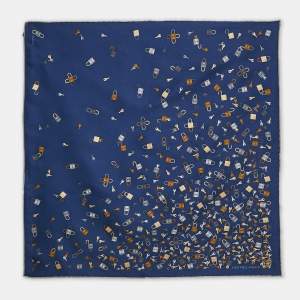 Hermès Bleu Silk Twill N'Oublie Pas Tes Cles Pocket Square