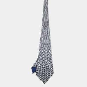 Pre Owned Hermès Navy Blue Print Silk Traditional Tie 