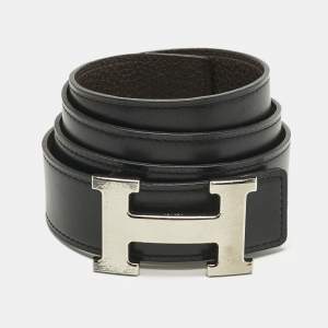Pre Owned Hermes Chocolat/Noir Togo and Box Leather Brushed H Buckle Reversible Belt 85 CM