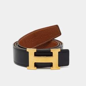 Pre Owned Hermes Black/Gold Box and Togo Leather Reversible H Buckle Belt 90CM