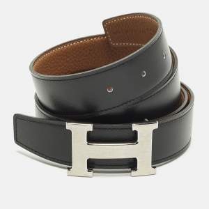 Pre Owned Hermès Brushed H Buckle 105 CM Reversible Belt Noir/Gold Box and Togo Leather
