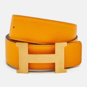Pre Owned Hermès Brushed Constance 95 CM Reversible Buckle Belt Gold/Jaune d'or Swift and Epsom Leather