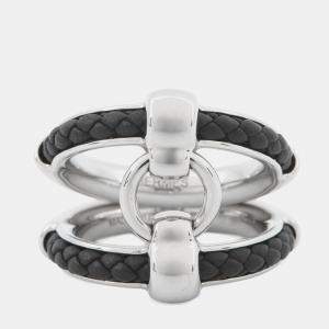 Pre Owned Hermes Fribustier Ring Size 58 Black Metal Leather