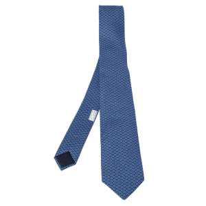 Pre Owned Hermes Blue Cog Print Classic Silk Jacquard Tie 