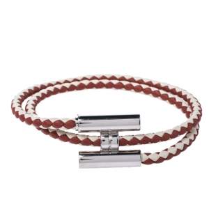 Hermes Tournis Tresse Bicolor Woven Leather Palladium Plated Bracelet