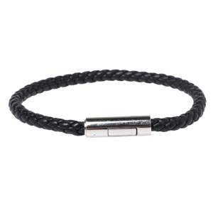 Pre Owned Hermes Goliath Noir Braided Leather Palladium Plated Bracelet