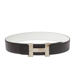 Pre Owned Hermés Black/White Swift and Epsom Leather Constance Reversible Belt 85CM