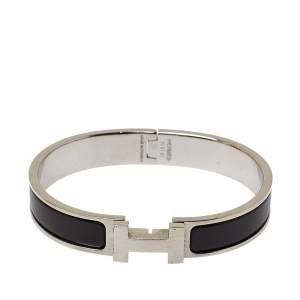 Pre Owned Hermès Clic HH Black Enamel Brushed Palladium Plated Bracelet 