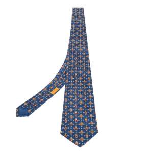 Pre Owned Hermes Blue Printed Silk Traditional Tie