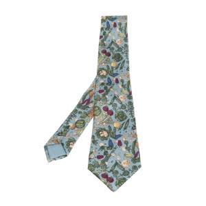 Pre Owned Hermès Powder Blue Vegetable Print Silk Tie