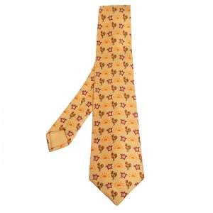 Pre Owned Hermes Yellow Rooster & Clock Print Silk Tie