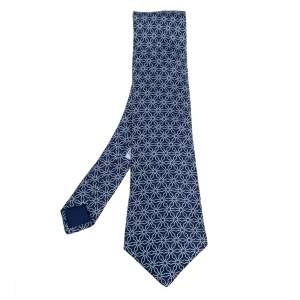 Pre Owned Hermes Navy Blue Geometric Print Silk Tie