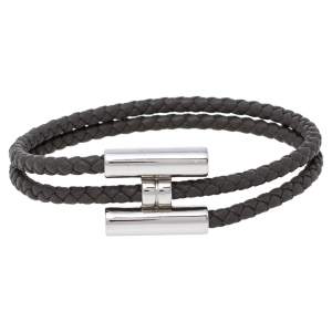 Pre Owned Hermès Tournis Tresse Grey Leather Palladium Plated Bracelet