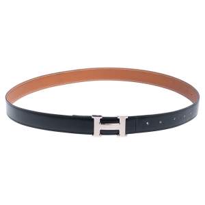 Pre Owned Hermès Noir/Gold Box and Togo Leather H Buckle Reversible Belt 110 CM