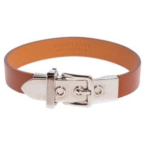 Pre Owned Hermès Brown Leather Palladium Plated Java 10 Bracelet M