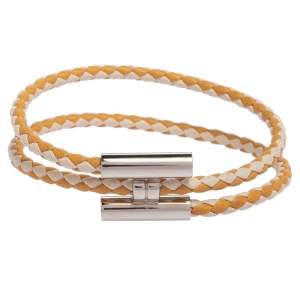 Pre Owned Hermès Tournis Tresse Bicolor Woven Leather Palladium Plated Bracelet