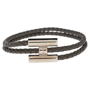 Pre Owned Hermes Tournis Tresse Grey Woven Leather Palladium Plated H Bracelet