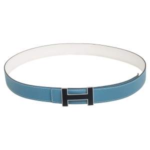 Pre Owned Hermes Blue Jean/Craie Epsom And Swift Leather Focus Reversible Buckle Belt 100CM