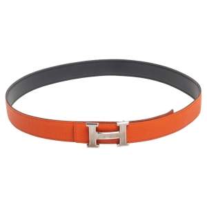Pre Owned Hermes Orange/Noir Togo and Box Leather H Reversible Buckle Belt 95CM