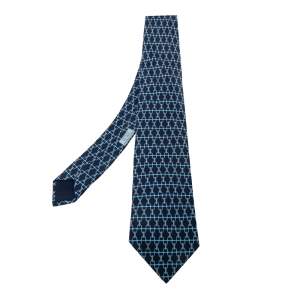Pre Owned Hermès Blue Stirrup Print Silk Traditional Tie