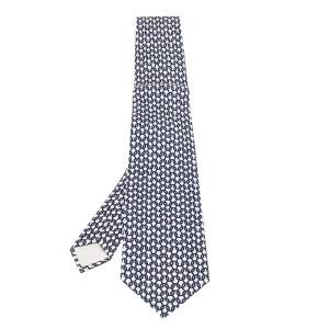 Pre Owned Hermes White & Navy Blue Chain Link Printed Silk Tie