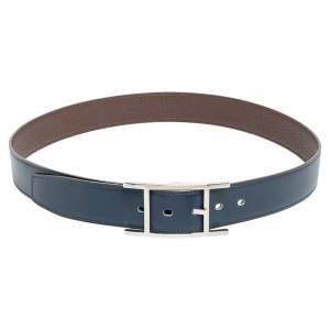 Pre Owned Hermes Chocolat/Bleu de Presse Box and Togo Leather Quentin H Reversible Belt 85CM