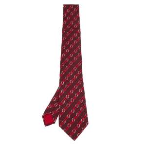 Hermes Red Horsebit Stripe Printed Silk Tie