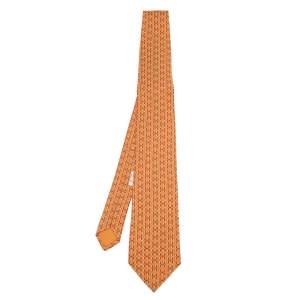Hermes Orange H Printed Silk Tie