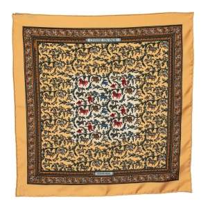 Hermes Yellow Chasse En Inde Printed Silk Pocket Square