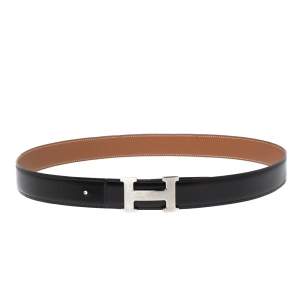 Pre Owned Hermes Black/Gold Box and Togo Leather H Buckle Reversible Belt 95CM