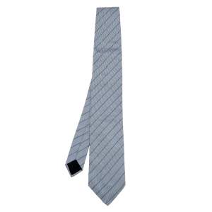 Pre Owned Hermes Bluish Grey Striped Silk Jacquard Tie