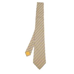 Pre Owned Hermes Yellow Interlocking Horseshoe Printed Silk Tie 