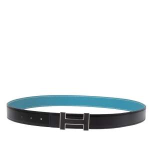Pre Owned Hermes Black/Blue Jean Box and Togo Leather Quizz Reversible Buckle Belt 100CM