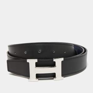 Pre Owned Hermes Black/Bleu Nuit Chamonix and Togo Leather Hammered Finish H Buckle Reversible Belt 100CM