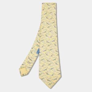 Pre Owned Hermes Yellow Airplane Cloud Printed Silk Tie