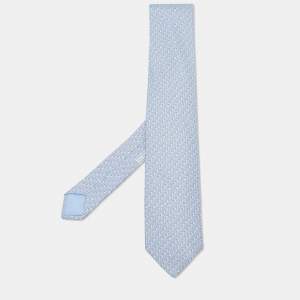 Pre Owned Hermes Light Blue Dolphin Printed Silk Tie