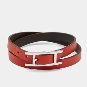 Hermès Behapi Orange Leather Palladium Plated Double Tour Reversible Bracelet M
