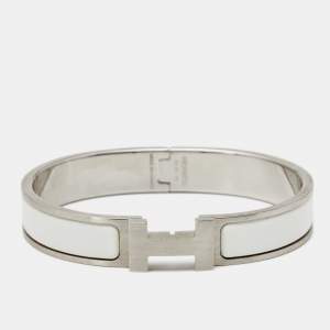Pre Owned Hermes Clic HH White Enamel Palladium Plated Bracelet 