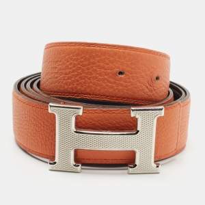 Hermes Orange/Noir Togo and Chamonix Leather H Guillochee Reversible Belt 110 CM