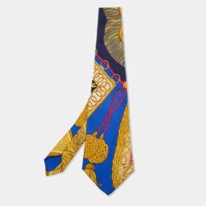 Pre Owned Hermès Vintage Blue Tassel Print Silk Tie